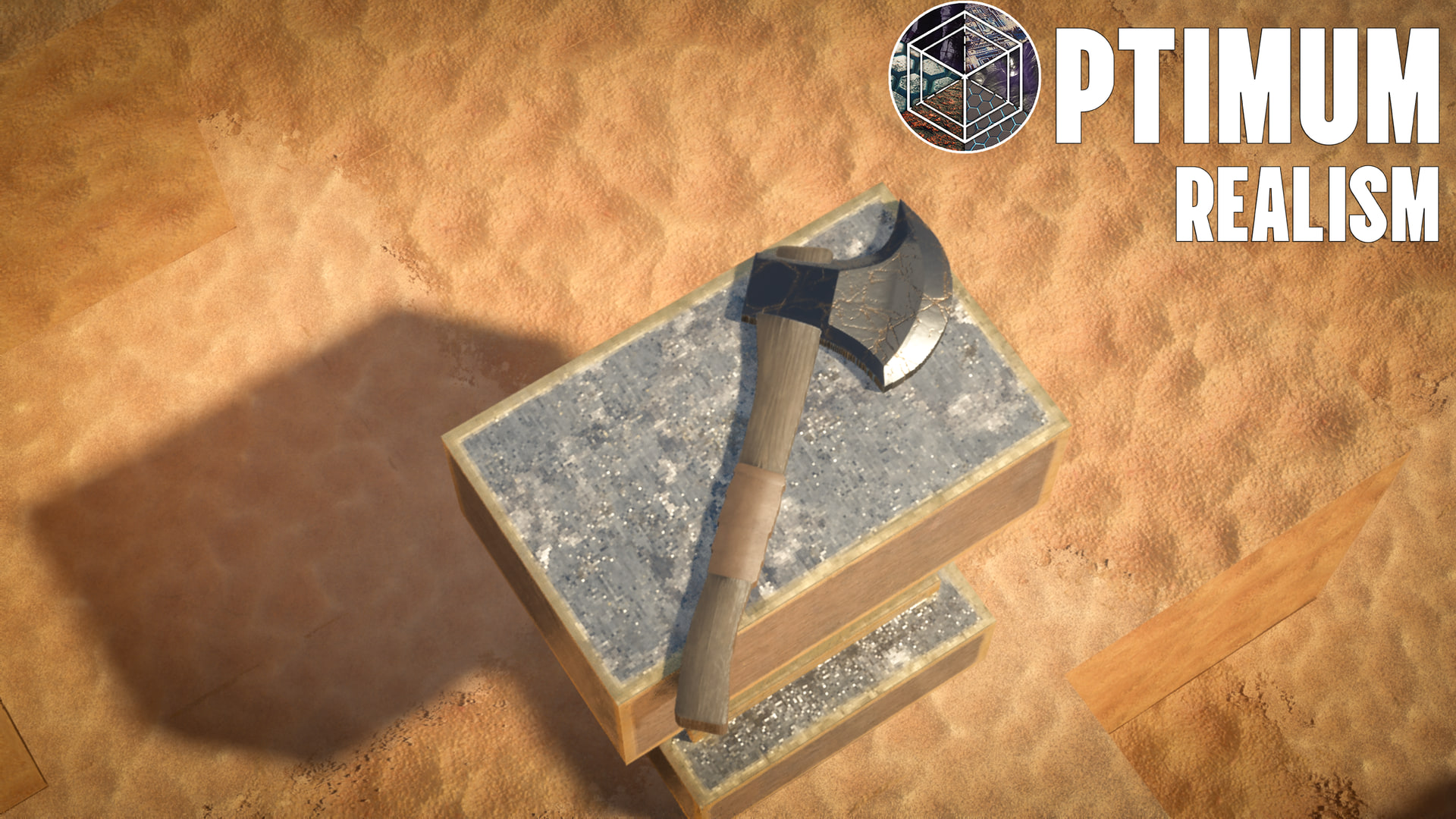 Realistic netherite axe on anvil in Minecraft with Optimum Realism