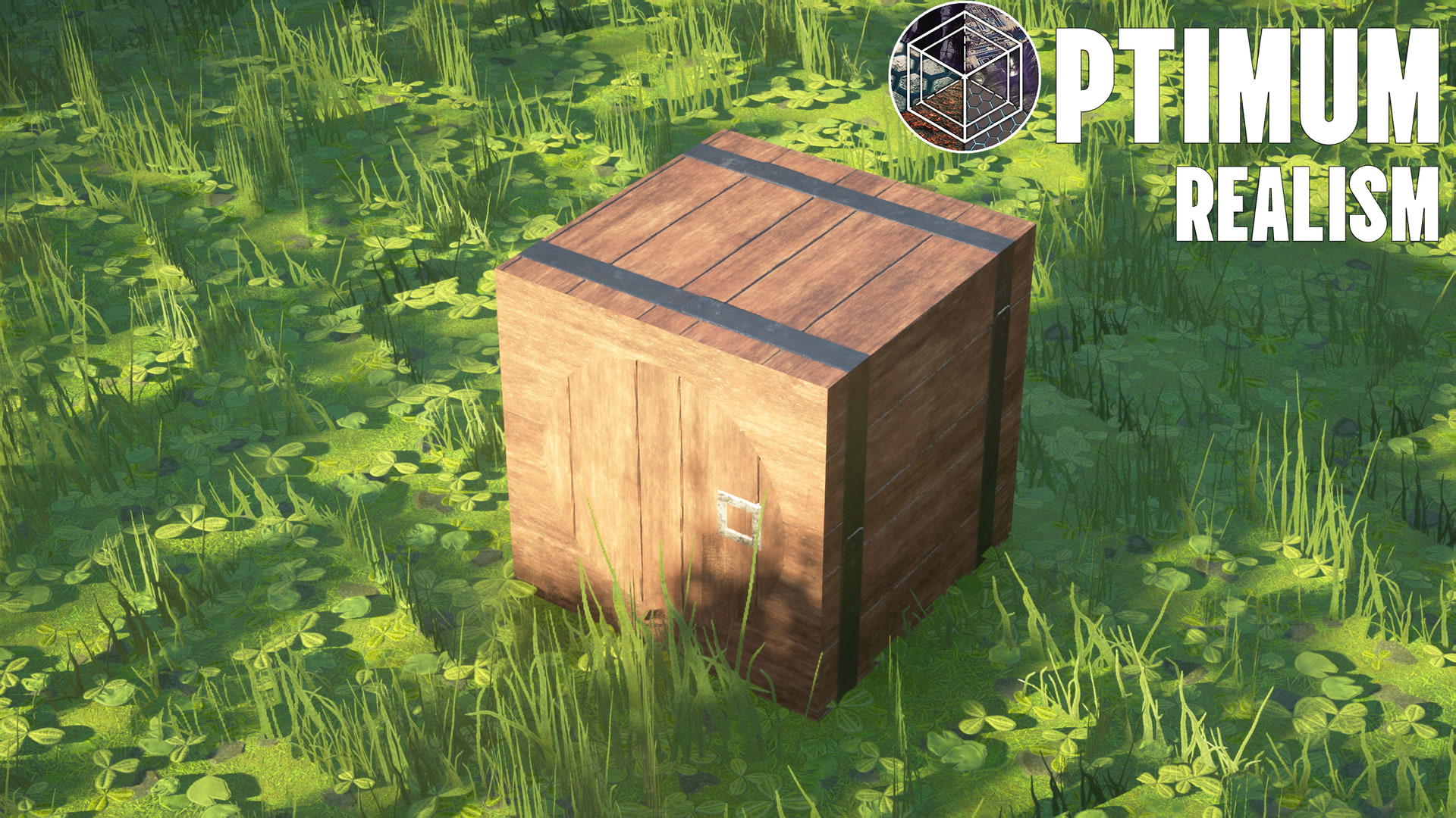 Realistic barrel on forest ground in Minecraft with Optimum Realism PBR textures