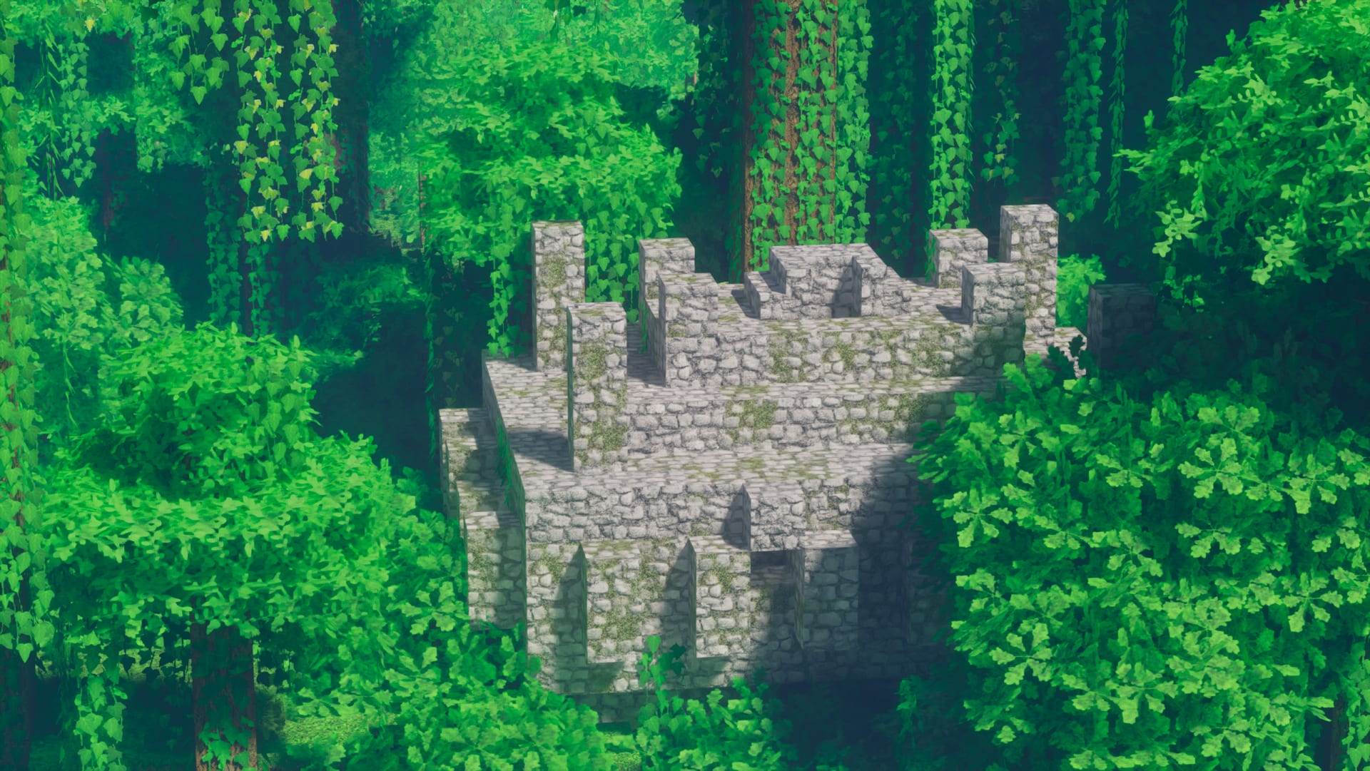 Ruined stone keep overgrown with ivy in a dense realistic Minecraft forest, Optimum Realism texture pack with PBR foliage