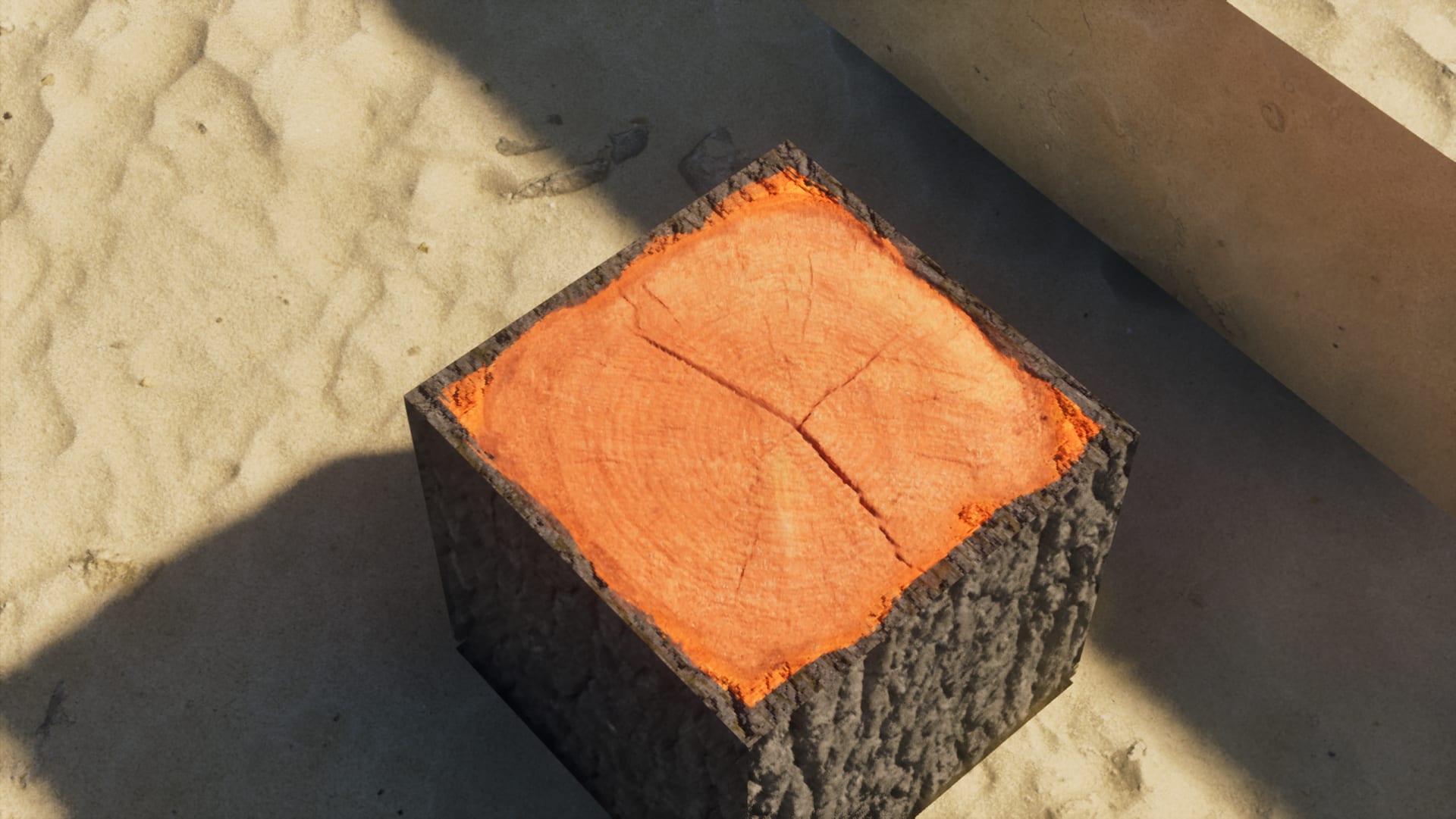 Close-up of a cut oak log in Minecraft showing recessed wood grain from depth-write parallax occlusion mapping, Optimum Realism texture pack