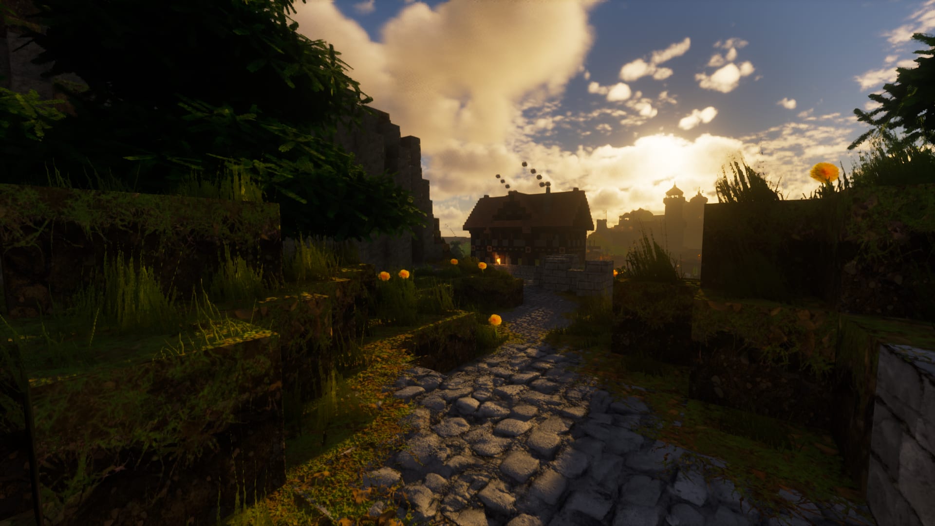 Realistic Minecraft village path at sunset, wet cobblestone and marigolds lit by golden light, Optimum Realism texture pack with shaders