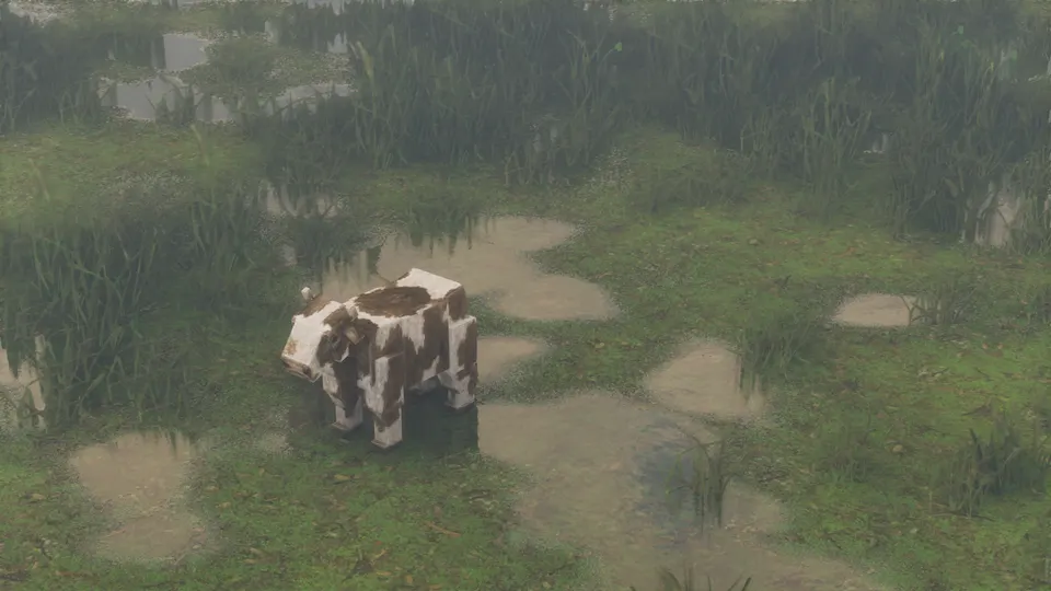 Custom cow model standing in a misty Minecraft swamp with shallow reflective water, Optimum Realism realistic texture pack