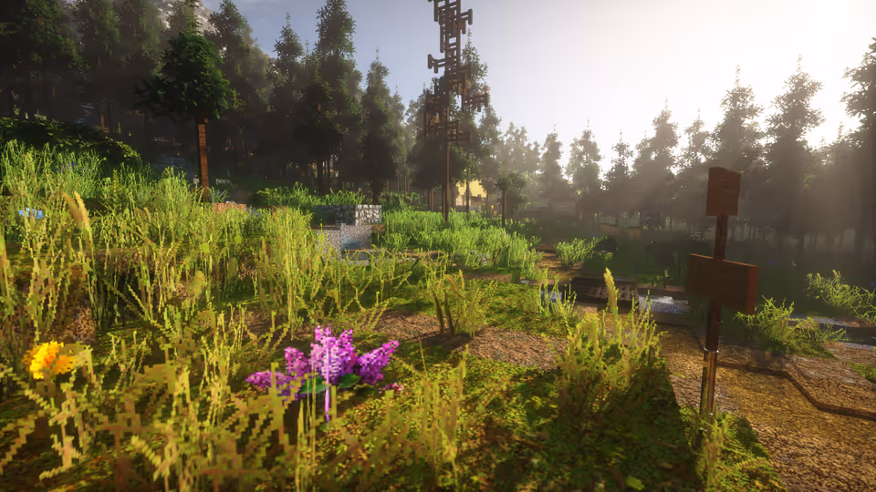 Morning sun through a pine forest over wild grass and flowers in realistic Minecraft, volumetric foliage from the Optimum Realism texture pack
