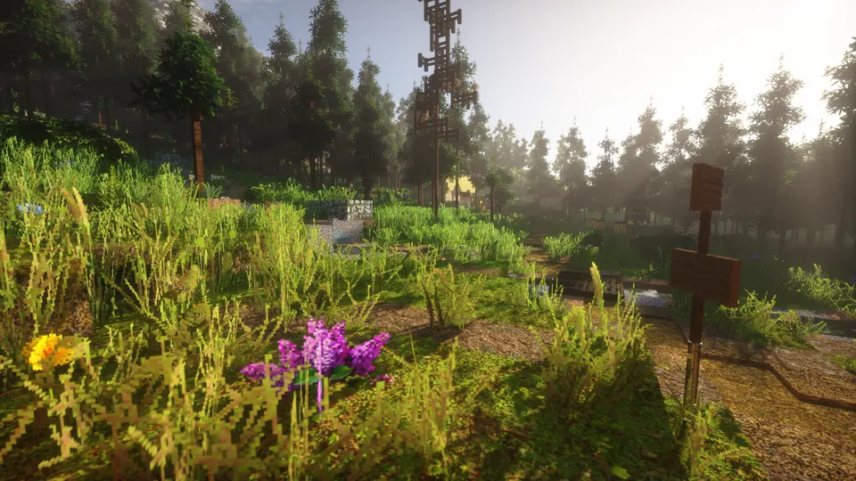 Morning sun through a pine forest over wild grass and flowers in realistic Minecraft, volumetric foliage from the Optimum Realism texture pack