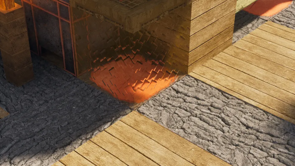 Lava glowing beneath a timber frame casting warm emissive light across wooden planks in realistic Minecraft, Optimum Realism texture pack