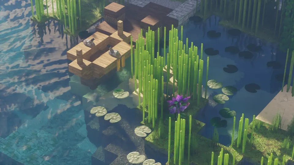 Clear Minecraft pond with lily pads, reeds and a wooden dock, bottom visible through realistic PBR water, Optimum Realism texture pack