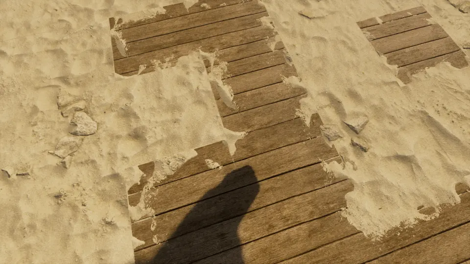 Weathered wooden planks half-buried in desert dune sand in realistic Minecraft, material contrast from the Optimum Realism PBR texture pack