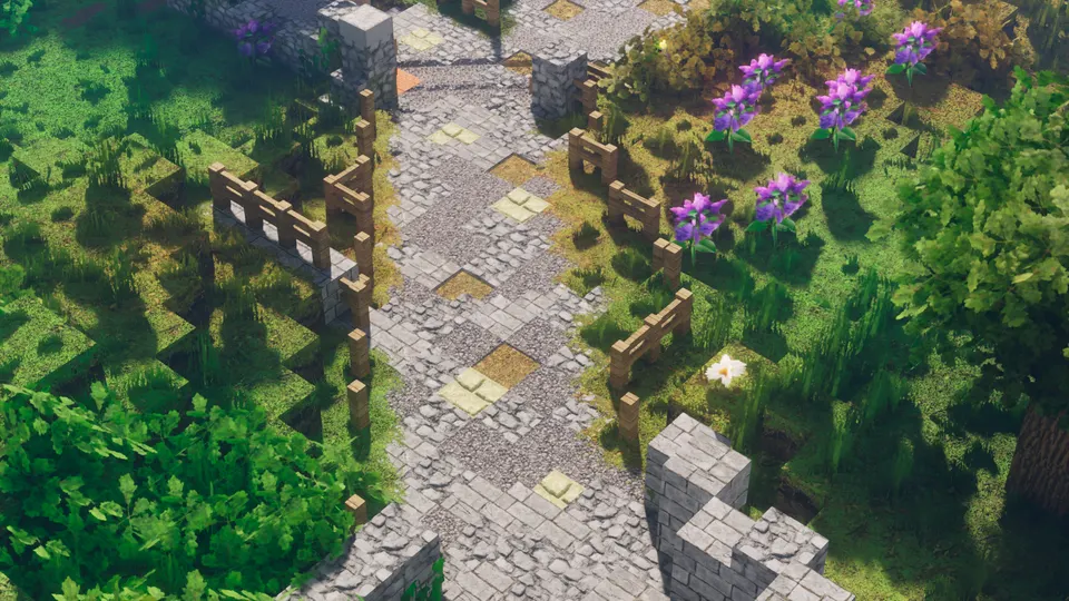 Old stone walls and a flagstone path threaded with grass and blossom in realistic Minecraft, Optimum Realism PBR texture pack