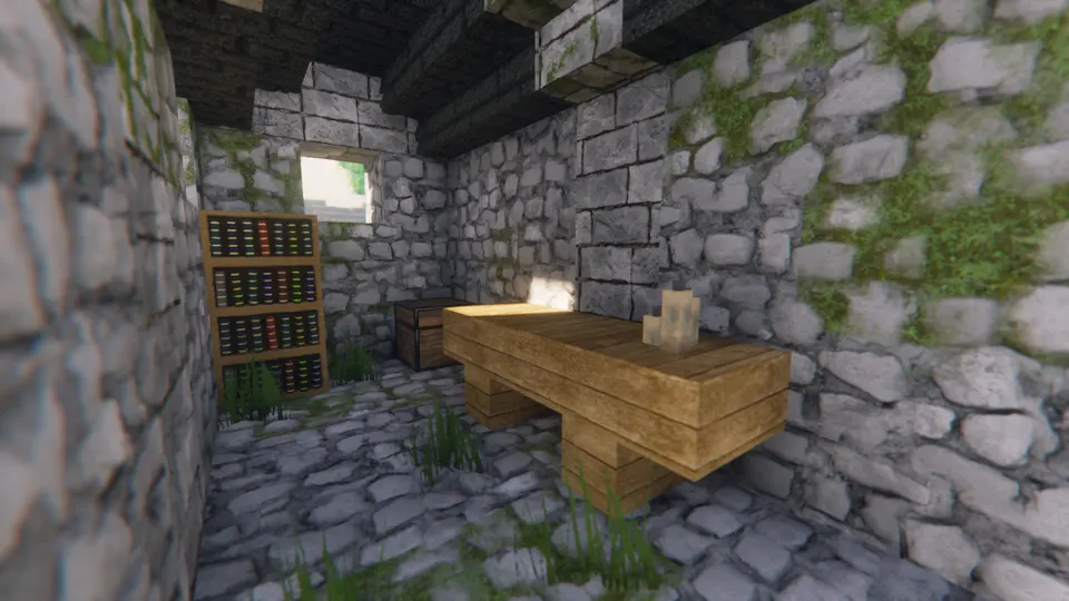 Interior of a realistic Minecraft stone cottage with mossy walls, a wooden bench and a bookshelf with depth, Optimum Realism PBR texture pack