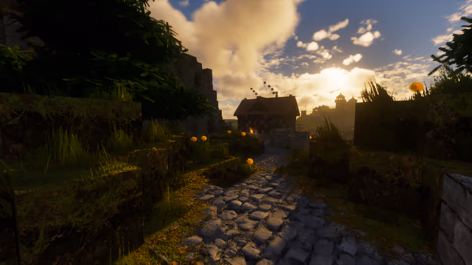 Realistic Minecraft village path at sunset, wet cobblestone and marigolds lit by golden light, Optimum Realism texture pack with shaders