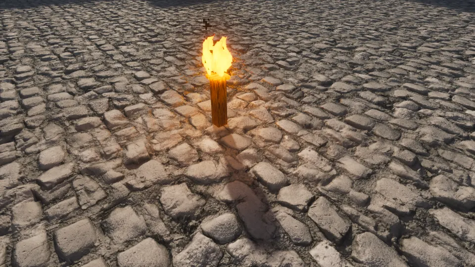 Single torch glowing on a cobblestone street at dusk in realistic Minecraft, warm emissive lighting from the Optimum Realism texture pack