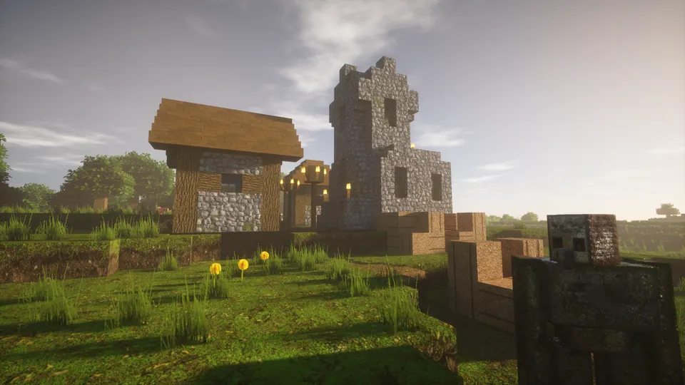 Custom iron golem model guarding a stone tower at dawn in realistic Minecraft, Optimum Realism texture pack with redesigned mobs