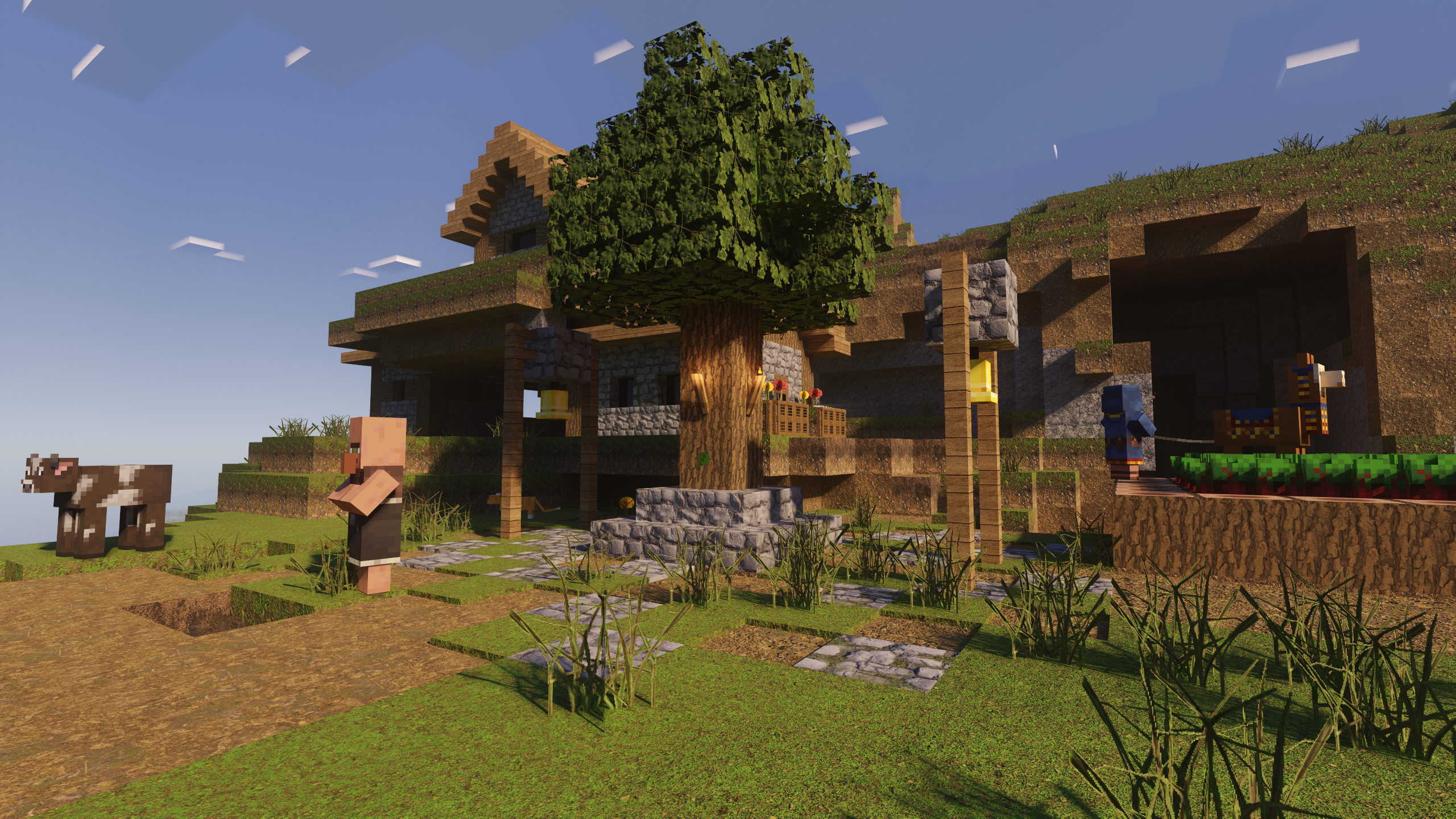 Optimum Realism Bedrock RTX — cottage lit by ray-traced lanterns and soft global illumination