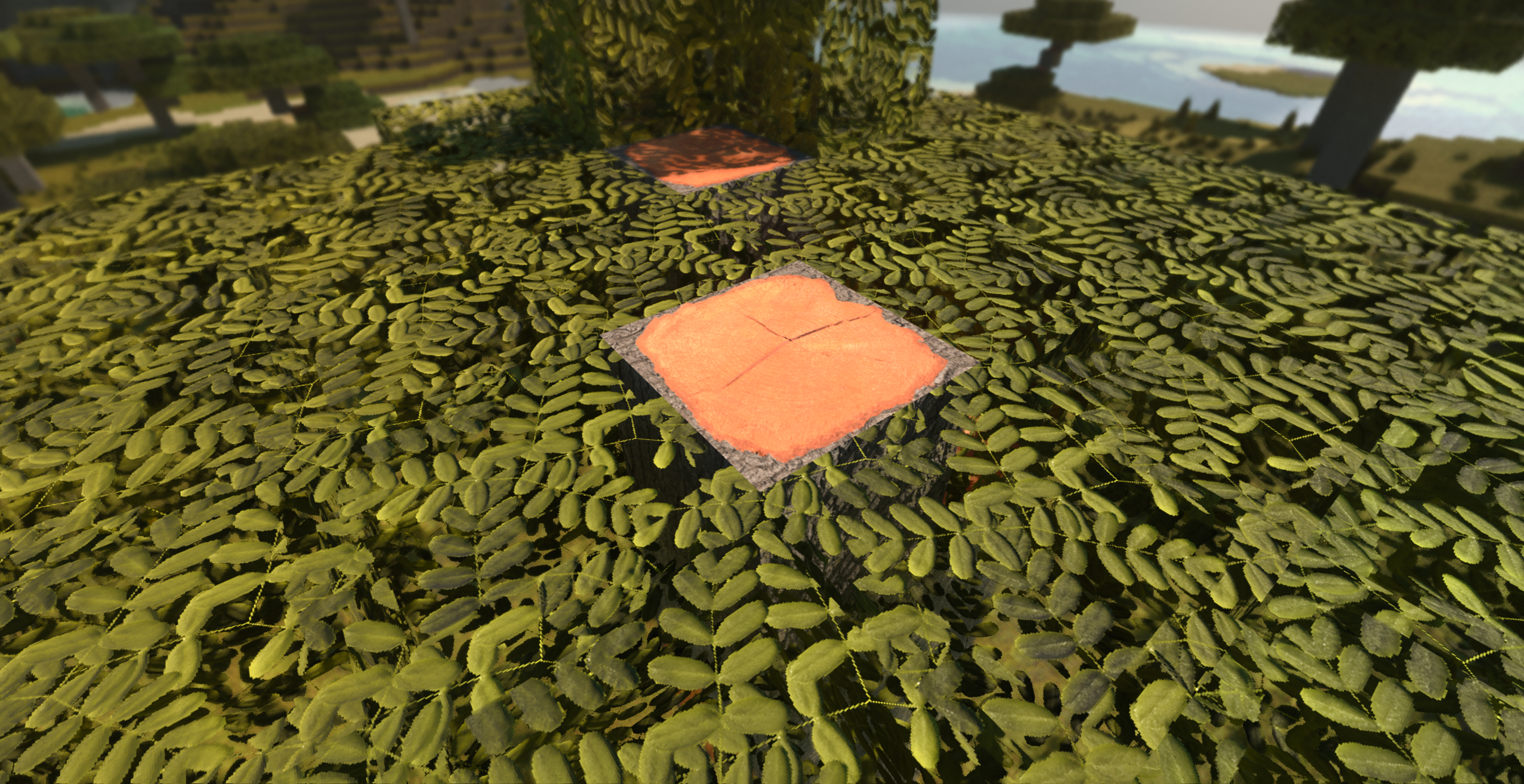 Optimum Realism Bedrock RTX — lush forest floor with ferns and PBR foliage detail