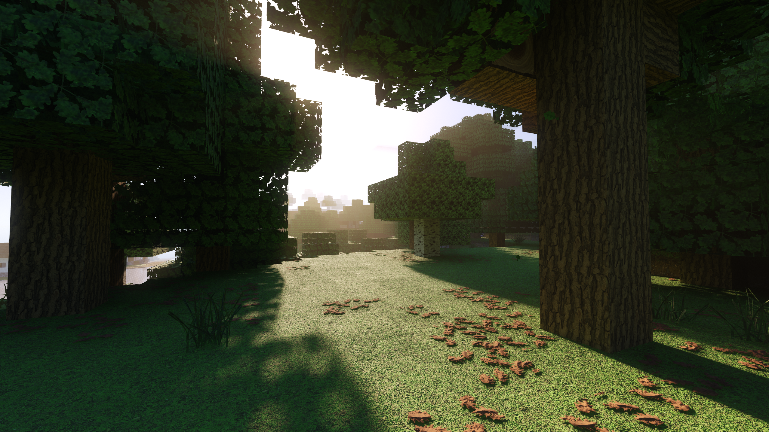 Optimum Realism Bedrock RTX — sun rays through a realistic forest with full PBR textures and ray tracing