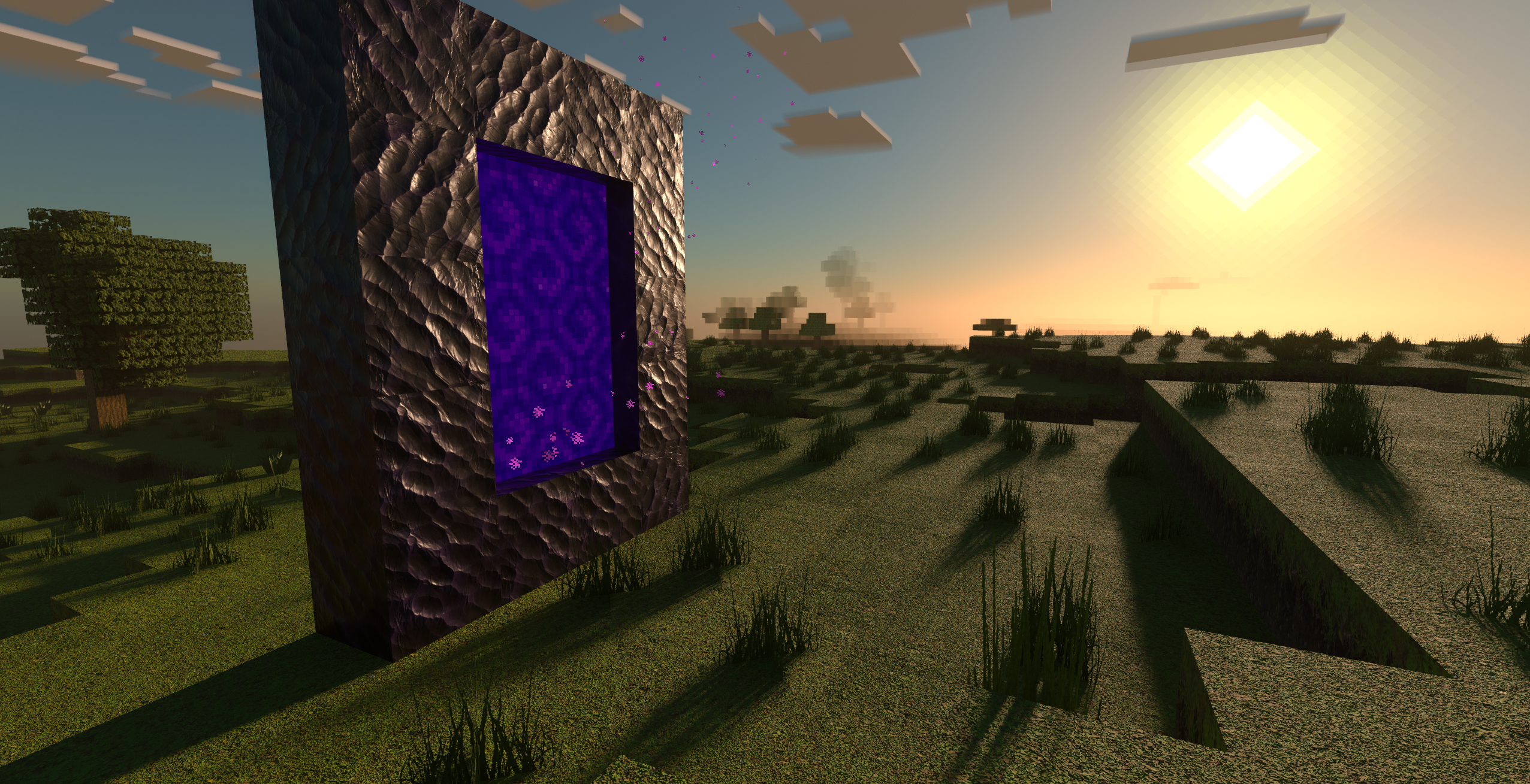 Optimum Realism Bedrock RTX — glowing nether portal at sunset with ray-traced reflections