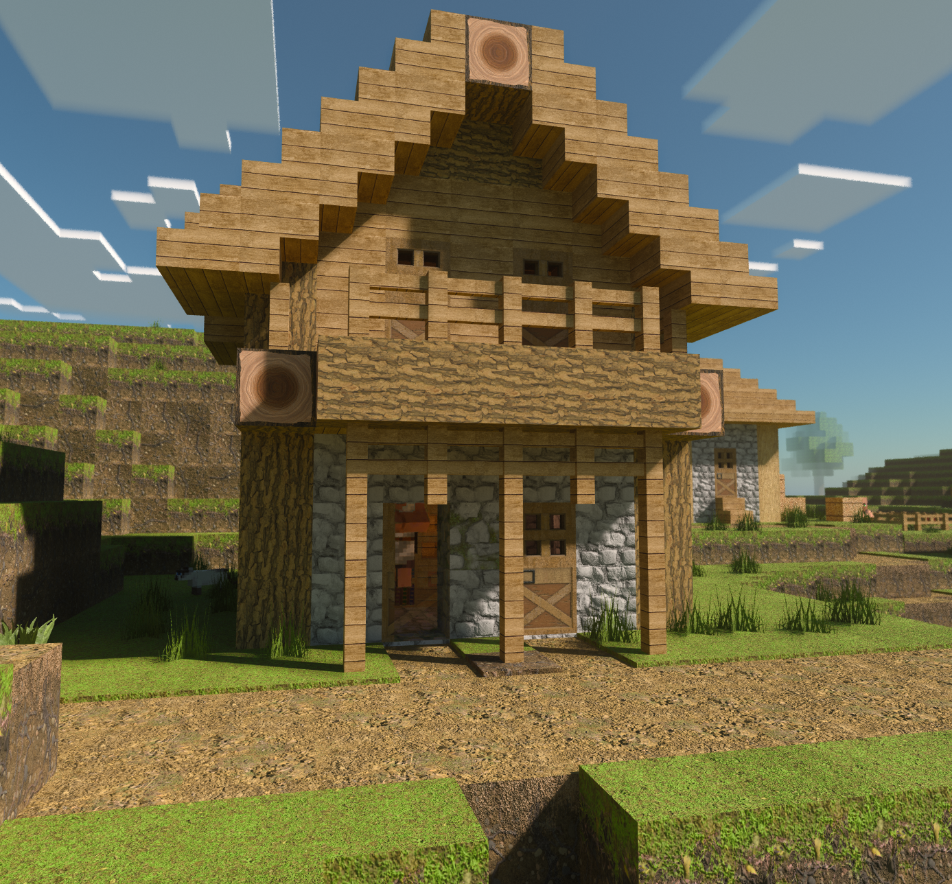 Optimum Realism Bedrock RTX — wooden cabin interior with warm ray-traced lighting